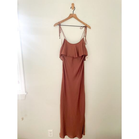 NWT Free People Hadley Satin Ruffle Maxi Slip Dress Small Cocoa Brown Silky - Picture 4 of 11